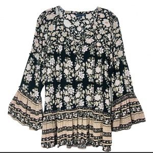 American Eagle Outfitters Boho Bell sleeve Bag dress with Lace up V neck Chest